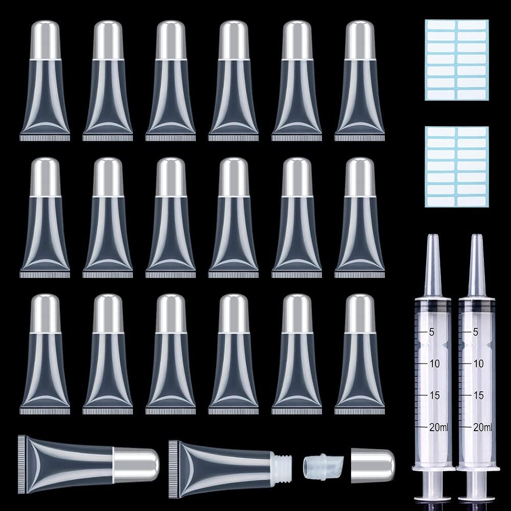 - AMORIX 50PCS Lip Gloss Tubes 5ml Silver Cap Lip Gloss Containers Empty Lip Balm Tubes Refillable Cosmetic Squeeze Lipgloss Tubes + 2 x 20ml Syringes Tag Labels for DIY Lip Gloss Base Glitter