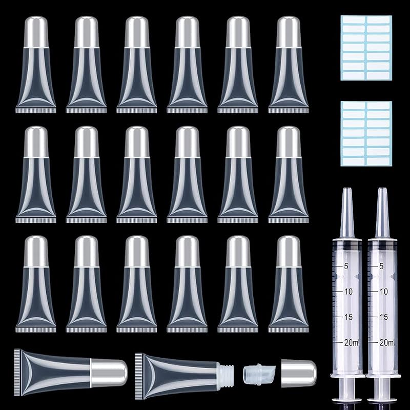 AMORIX 50 tubos vazios de 5 mL para gloss labial com tampa prateada, seringas e etiquetas