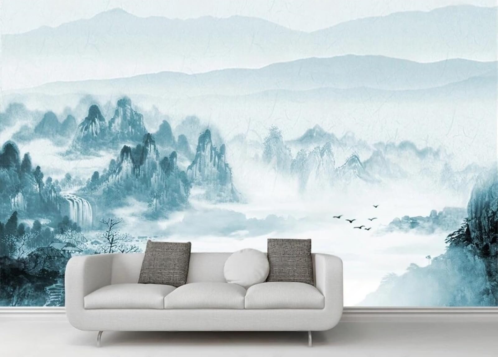 Papier peint panoramique 3D montagnes vallonnées cascade tapisserie bleue 430x300
