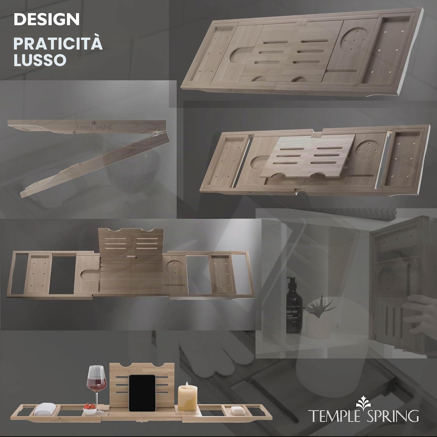 Temple Spring Vassoio da Bagno Pieghevole, Mensola in Legno Estensibile per Vasca, Tavola Spa per Adulti, Caddy da Vasca, Set Accessori Bagno in Bambù – Naturale