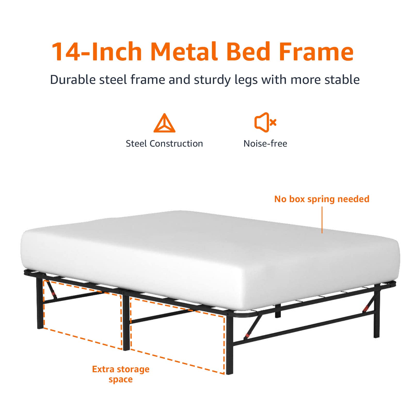 Amazon Basics Foldable, 14" Black Metal Platform Bed Frame with Tool