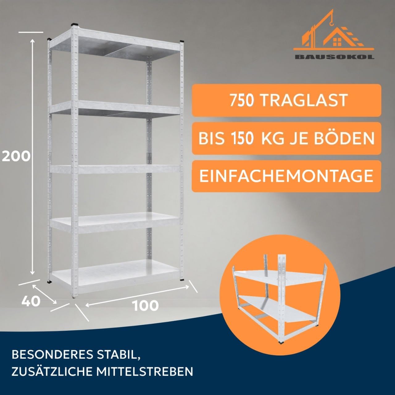 Metallregal 200x100x40 cm Verzinkt – 5 Metallböden Böden – Tragkraft 875kg – Lagerregal, Werkstattregal, Kellerregal, Schwerlastregal