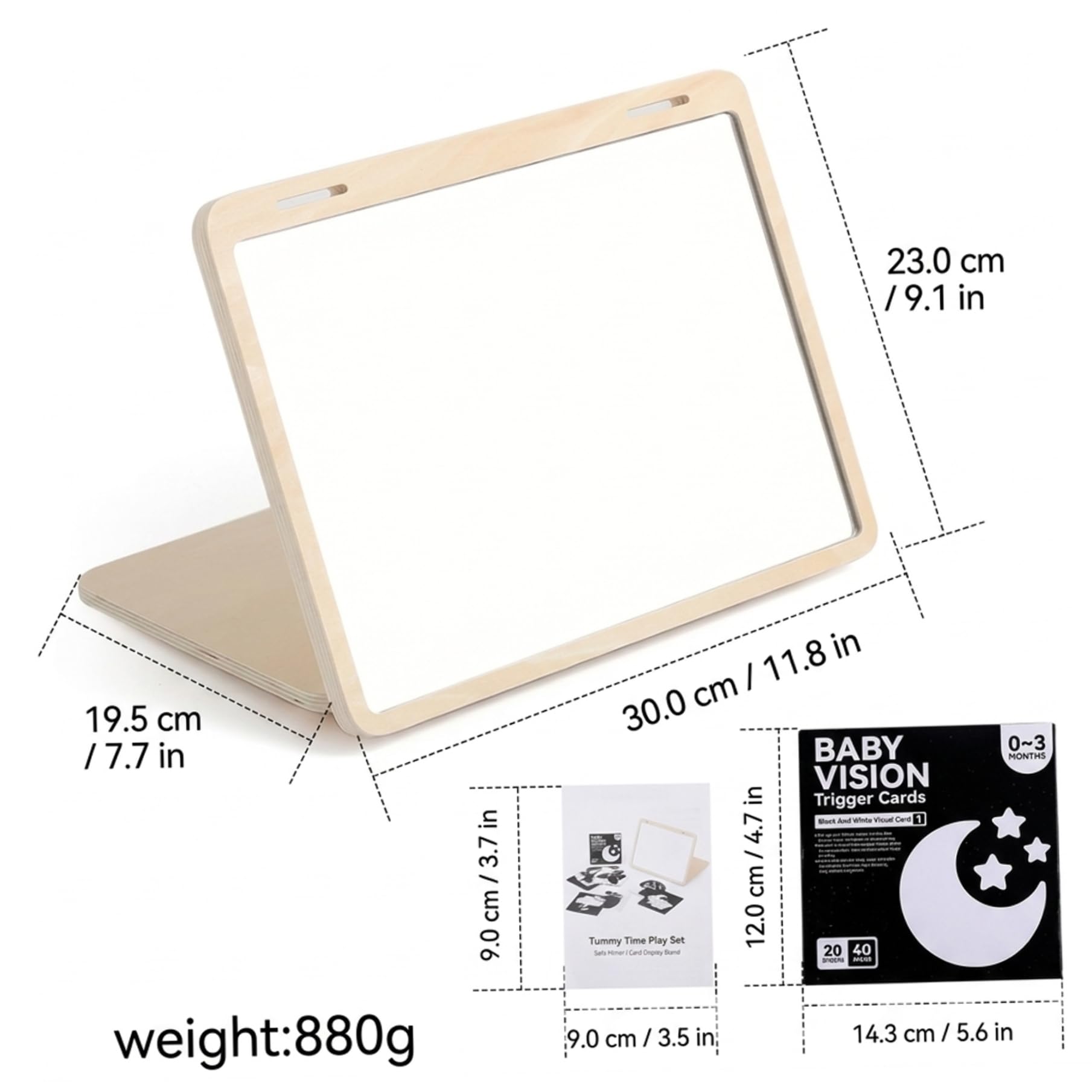 Giocattolo specchio per la pancia del bambino, giocattolo sensoriale specchio Montessori con supporto regolabile e carte visive per neonati 0-3 mesi, in legno per lo sviluppo visivo infantile