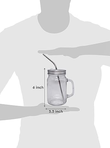 Miniatura 4 de Home Suave Vaso Mason de 20 onzas con asa, boca regular, tapas con 2 popotes de acero inoxidable reutilizables, juego de 2 (plateado), tarros de