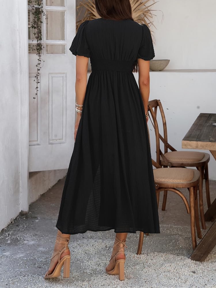 Women Summer Casual Midi Dress Puff Sleeve V Neck Ruched Button Front Split Boho Beach Vacation Wedding Dresses 20252