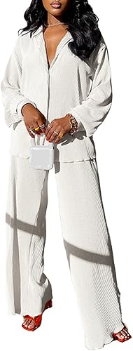 kaimimei Conjunto casual de 2 piezas para mujer Camisa de lino de manga larga con botones + pantalones acampanados plisados de pierna ancha