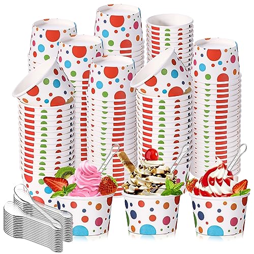 Image of Boao 200 Set 5 oz Ice Cream Cups with Spoons Disposable Paper Sundae Dessert Bowls Summer Party Supplies (Bright Style)