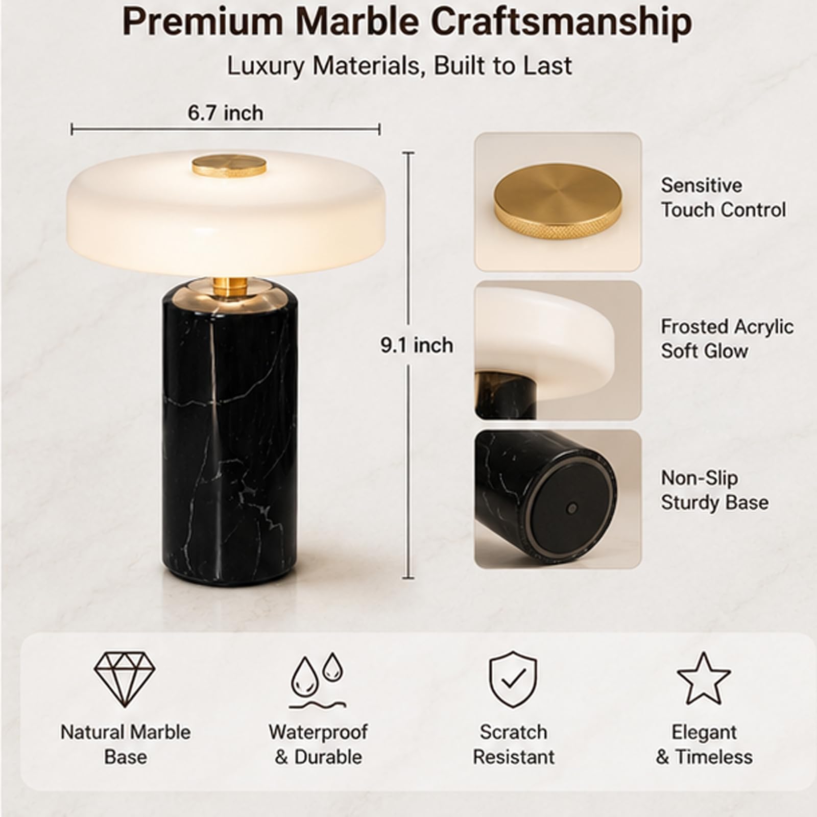 Lámpara de mesa táctil recargable de piedra de lujo de mármol, luz nocturna de mármol de piedra con pantalla de vidrio de leche, luz decorativa/regulable de 3 vías, para dormitorio, sala de estar red