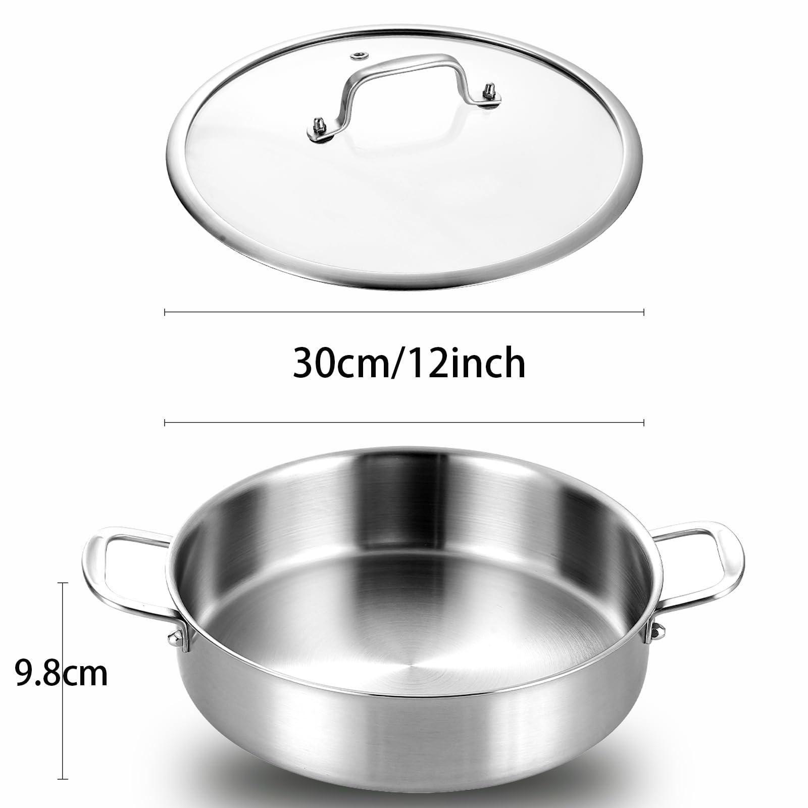 Casseruola con coperchio, Ø 30 cm, bordo alto 9,8 cm, padella a 3 strati, in acciaio inox, a induzione, per grandi piani di cottura ≥ 2300 W, induzione, tri-ply acciaio inox Braiser