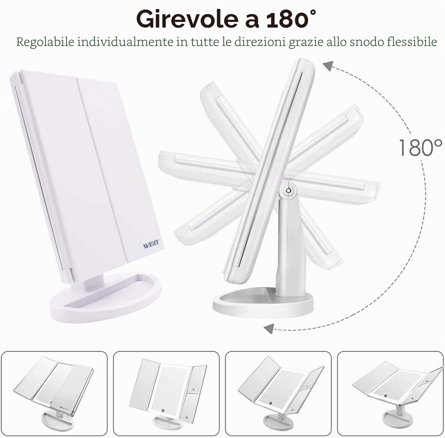 WEILY Specchietto per Il Trucco con Touch Screen Tri-Fold, ingrandimento 1x / 2X / 3X e Caricatore USB o Wireless, Luce LED Regolabile a 180 ° per Il banco da Viaggio Specchio per Il Trucco