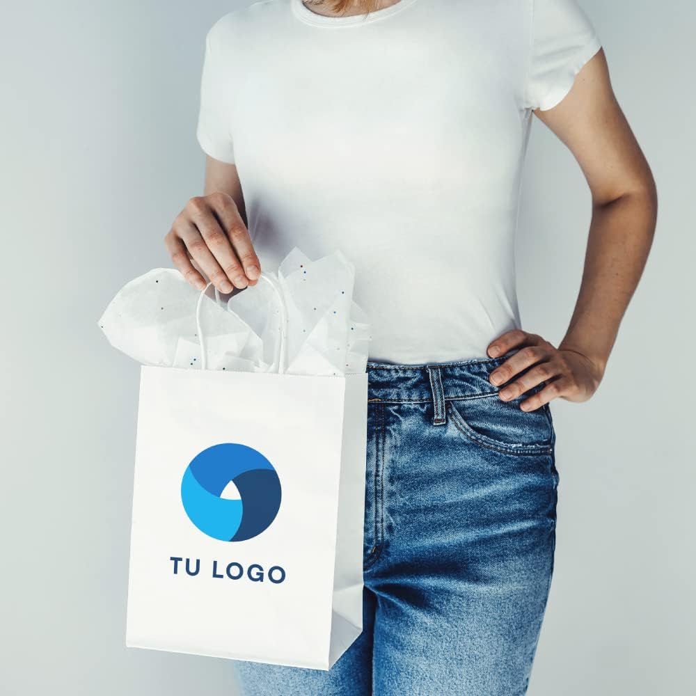 100 Bolsas papel kraft personalizadas bolsas de papel con asas bolsa de papel personalizable con el logo de tu negocio muy resistentes (Blanco, 18x8x24)
