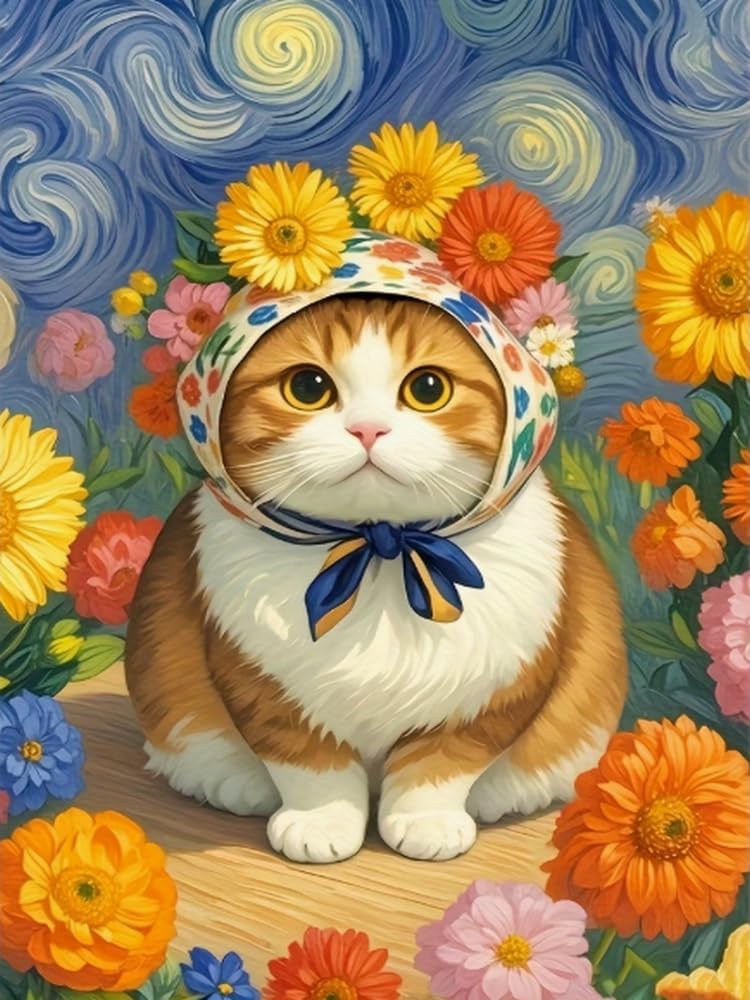 Brennora 5D Diamond Painting Kits Full Drill Round Gem Cat and Flowers DIY Arts and Crafts Home Wall Decor Gift 40x50cm