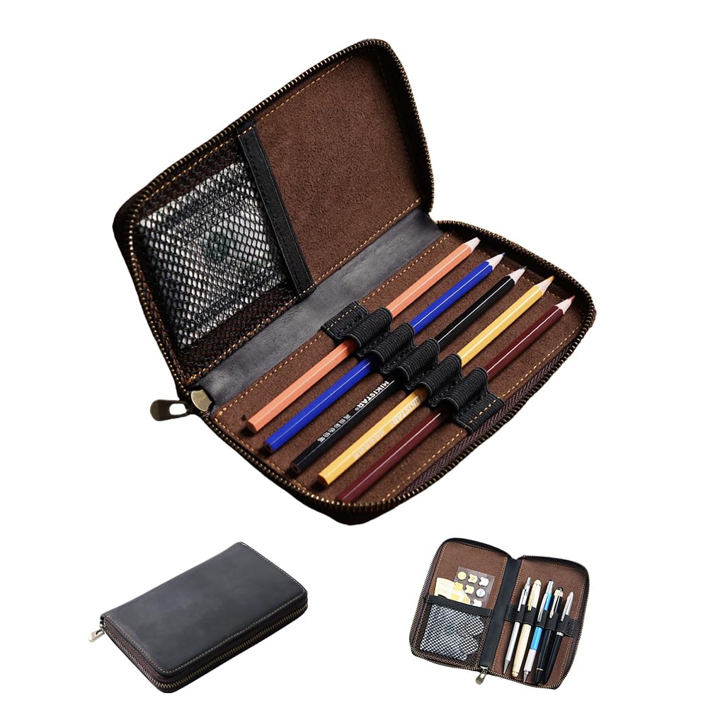 Genuine Leather 5-Slot Pencil Case, Portable Travel Pen Organizer