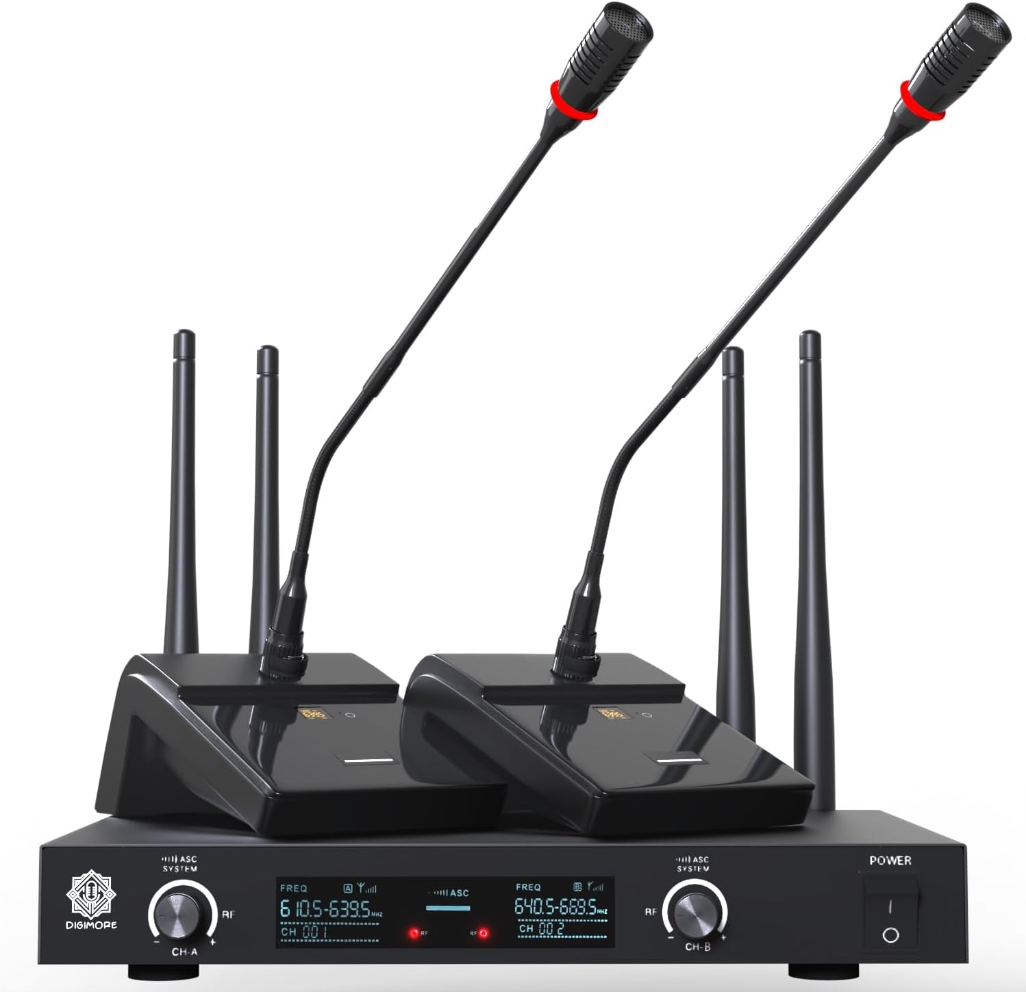 DIGIMORE Dual UHF Wireless Desktop Gooseneck Microphone 18" Podium Microphone | 60 Channels | 300ft Long Range | XLR Output | Best for Meetings, Video Conference, Streaming Lectures (D-610)