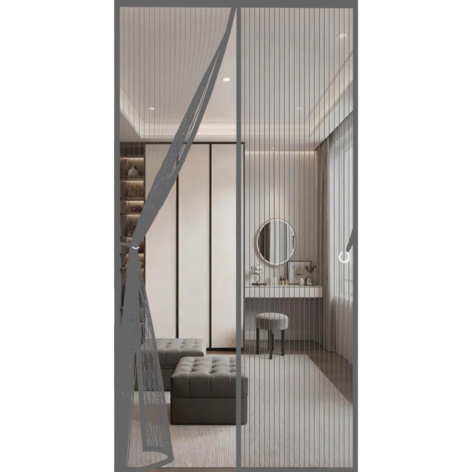 Magnetic Door Screen 121 x 225 cm Powerful Magnets and Full Frame Magic Tape, No Drill Installation Magnetic Fly Screen Door Curtain Lets Fresh Air in, Hundreds of Sizes, Grey
