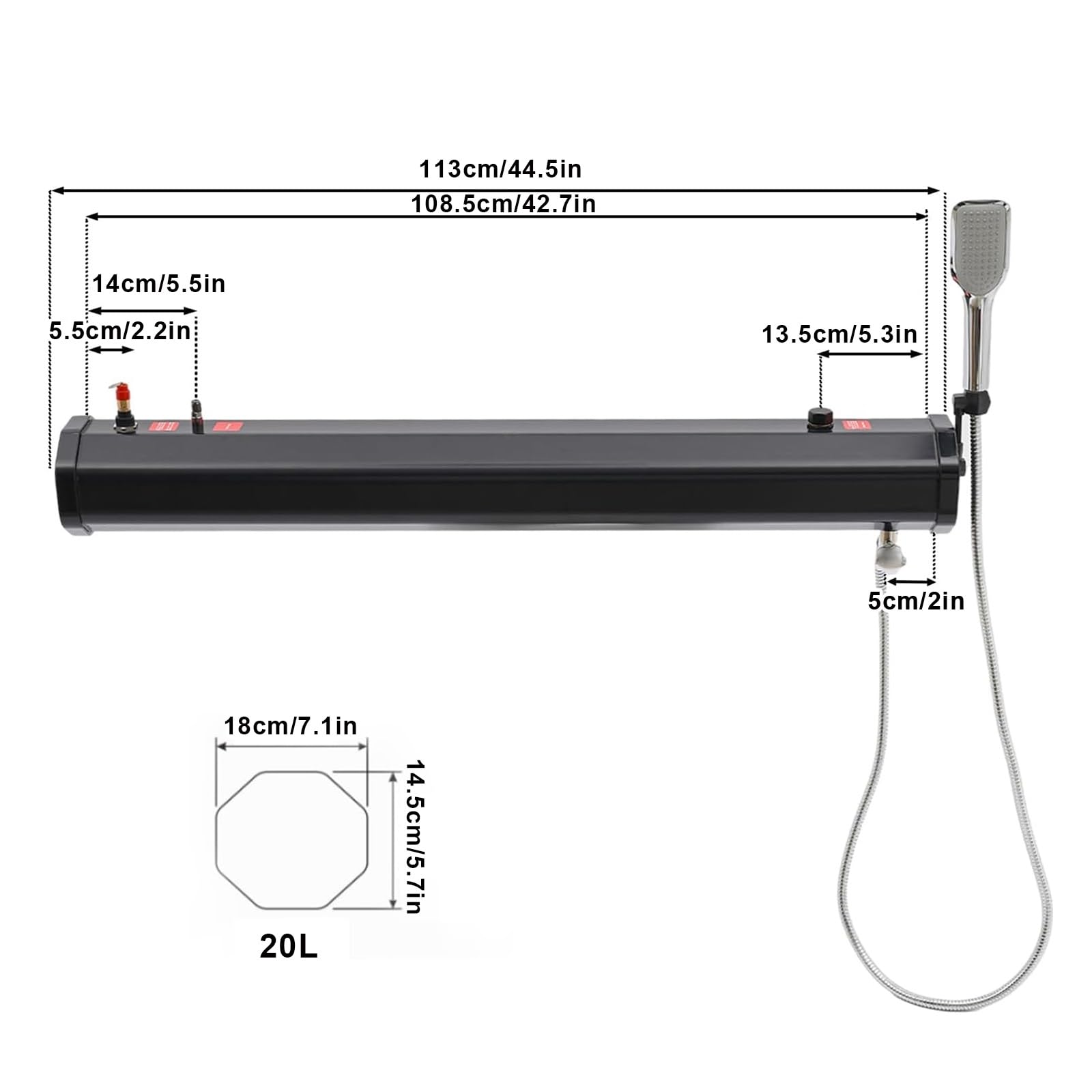 Douche de Camping à Chauffage Solaire, Réservoir D'eau Monté Sur Galerie de Toit, Douche Tout-Terrain avec Tête de Pulvérisation à Haute Pression, Réservoir D'eau Auto-Pressurisé 18 L/20 L/30 L(20L/5.