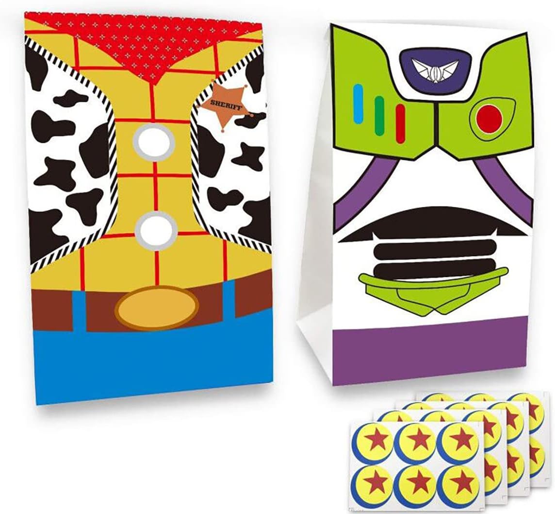 YNOUU 24 pcs Toy Inspired Story Birthday Party Supplies Favor Goodie Gift Bags, Including Woody and Buzz Lightyear 2 Patterns for Kids Birthday Party Decorations