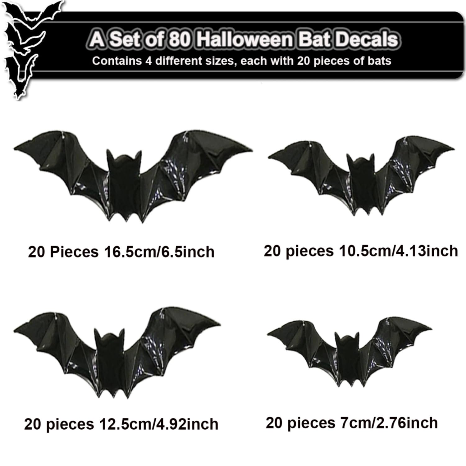 80pcs Halloween Decorations 3D Bat Stickers Removable Wall Decor Decals Scary DIY Party Sticker 4 Sizes for Windows Doors Home Bathroom