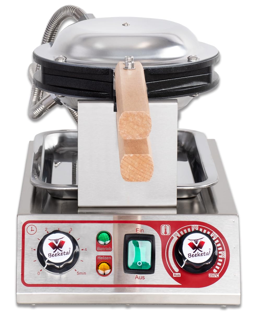 Beeketal 'BWA-10' Profi Bubble Waffeleisen mit antihaft Backplatten, Edelstahl Gehäuse, 50-250 °C, Timer: 0-5 Minuten und Teig Auffangschale - Gastro Waffelautomat speziell für Bubble Waffeln