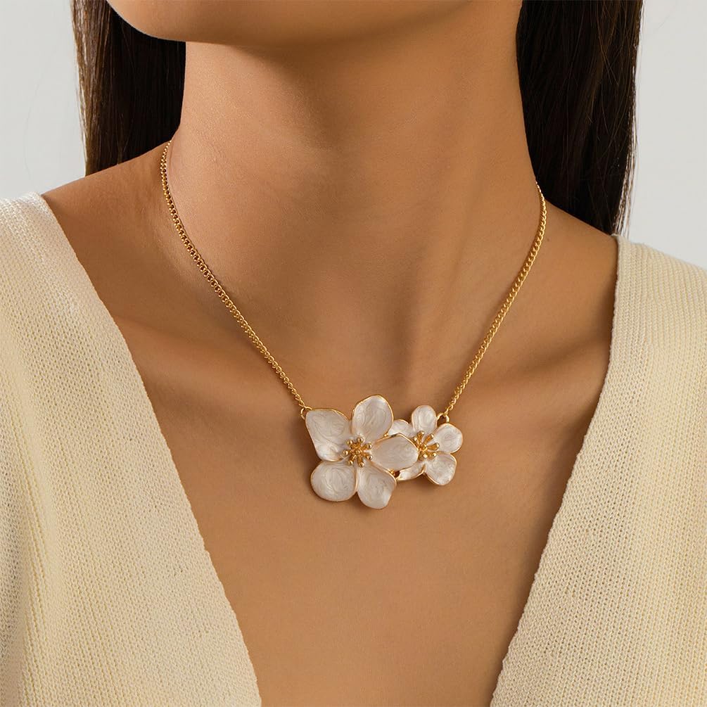 Statement White Enamel Flower Pendant Neckalces for Women Trendy, Dainty Red Green Metal Floral Flowers Necklace Gold Chain Cute Jewelry Gift Accessories - Image 5