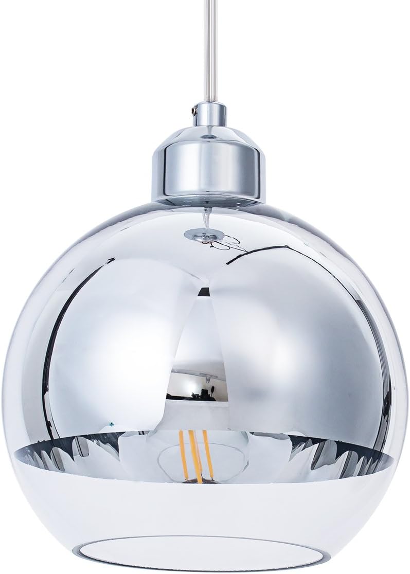 ShengQing Modern Mini Globe Pendant Light in Polished Chrome Finish with Hand Blown Clear Glass, Adjustable Mirror Ball Pendant Lighting for Kitchen Island Bedroom Dining Room Bar, 8 Inch
