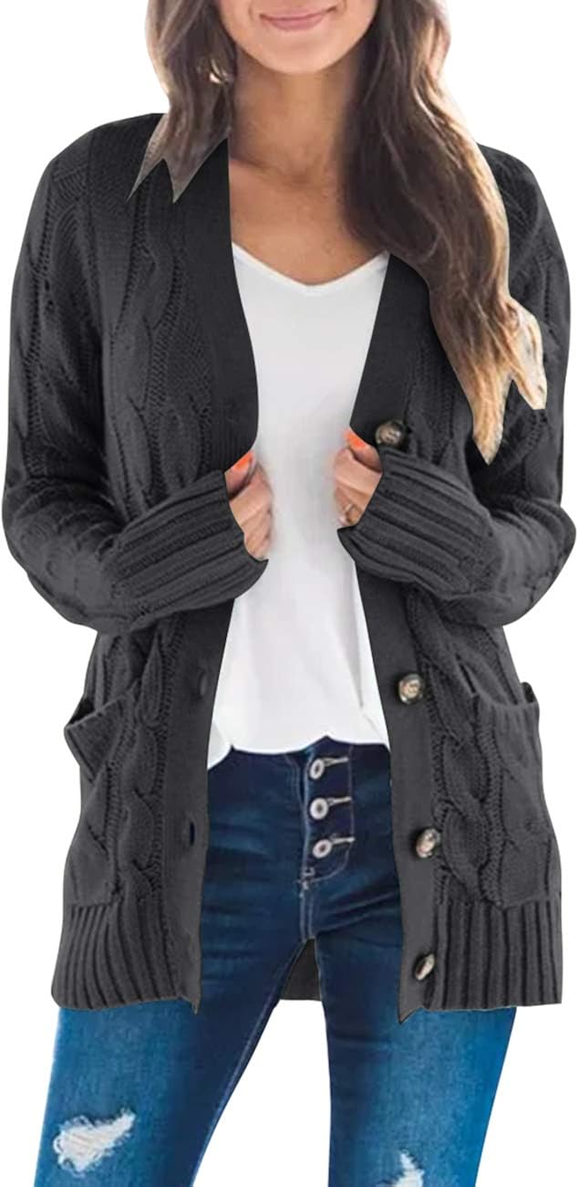 MEROKEETY Women's Long Sleeve Cable Knit Sweater Open Front Cardigan Button Loose Outerwear at  Women’s Clothing store