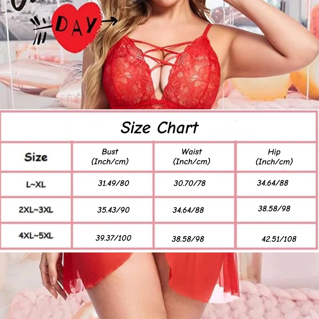 QHQQXN Plus Size Spitzen-Mesh-Chemise-Nachtwäsche-Dessous-Set, Spitzenbesatz, Negligee, L-5XL