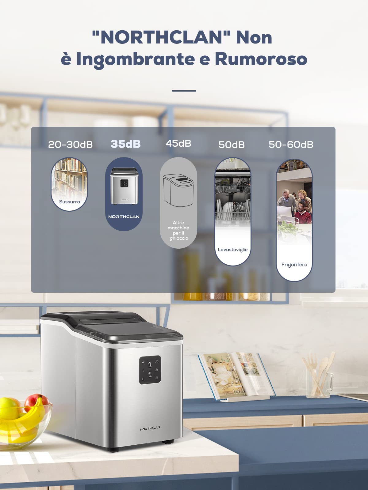 NORTHCLAN 2L Macchina Ghiaccio con 2 Formati di Ghiaccio, 12 KG 24 Ore, 9 Cubetti in 5-8 Min, Autopulente, Display LCD, Acciaio Inox