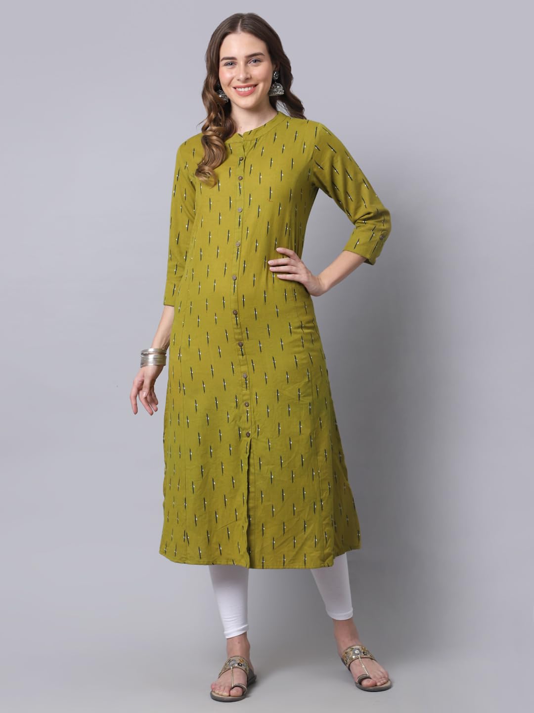 Pistaa's Women's Cotton Regular Printed Kurta Green,Regular Fit,L 3