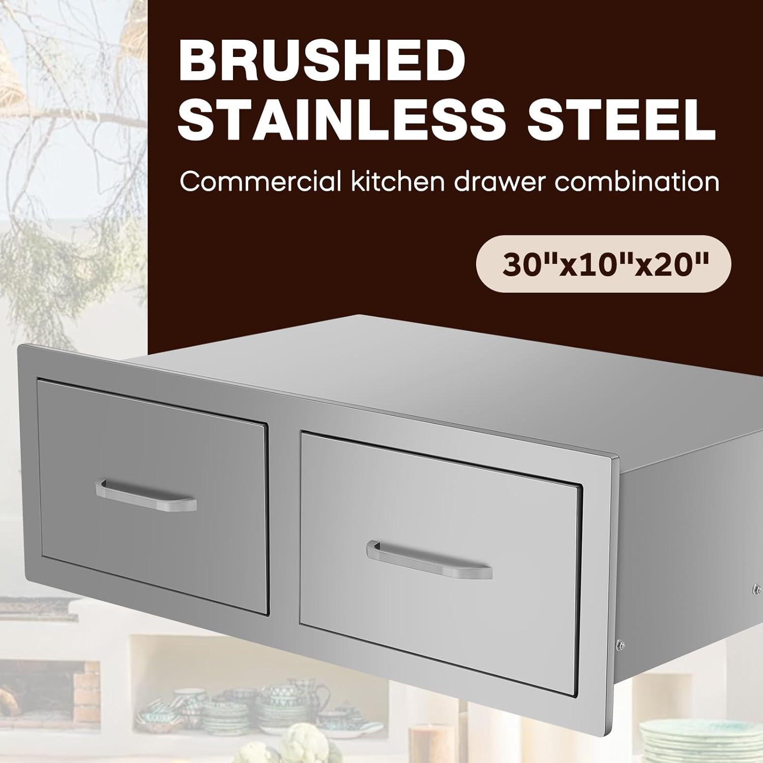 Premium Stainless Steel Double Drawer Outdoor Kitchen Cabinets 29.5" W x 19.7" D x 10" H Heavy-Duty Storage Solution for Grilling Stations Patios and Courtyards
