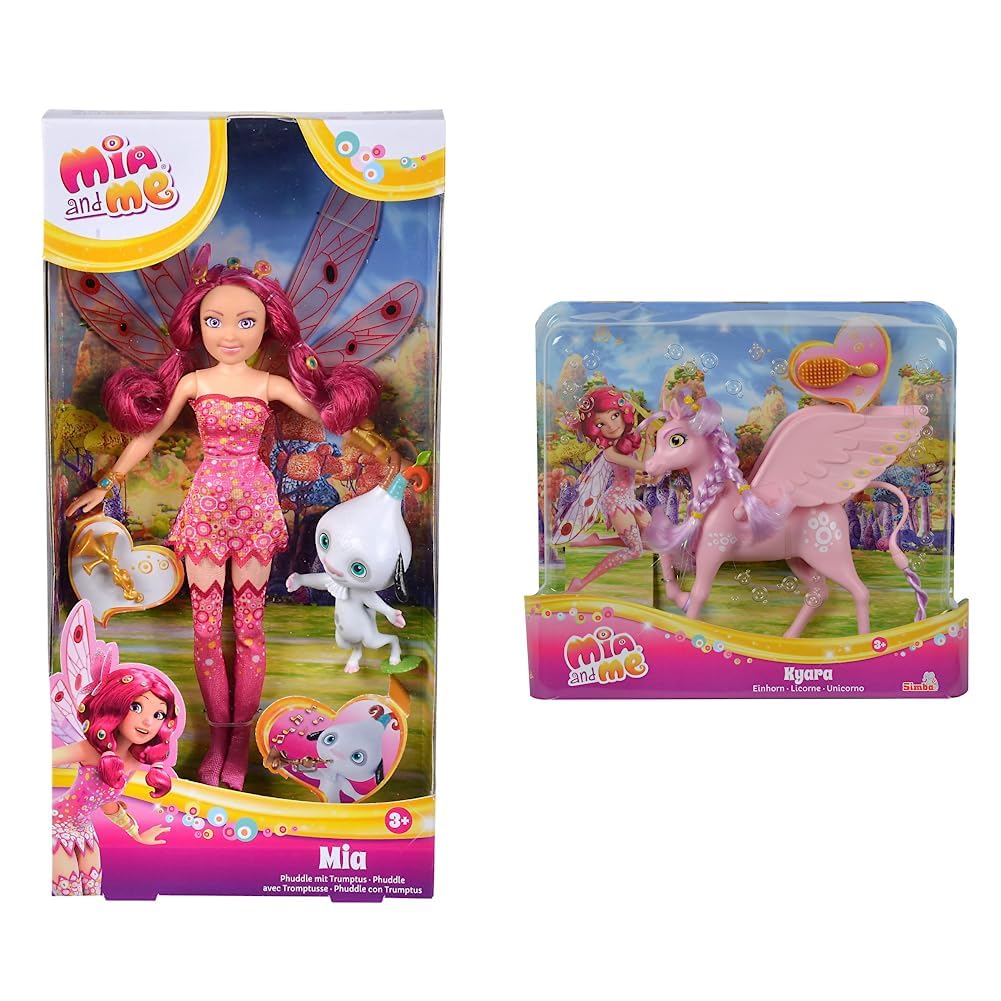 Simba 109483042 - Mia and Me 23cm Ankleidepuppe, Phuddle mit Trumptus & 109480092 - Mia and Me Einhorn Kyara, mit beweglichen Flügeln, Haarclips und Bürste zum Frisieren, 20cm, ab 3 Jahre