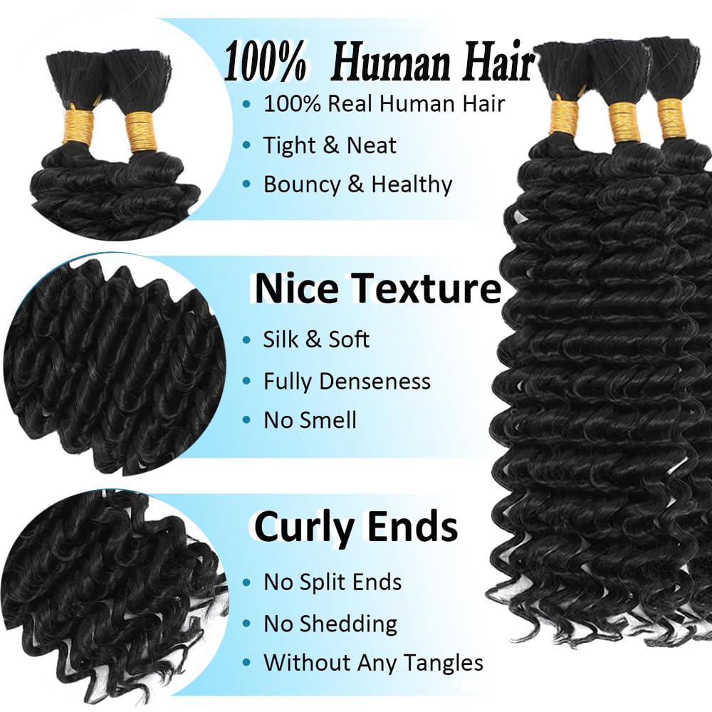 Human Braiding Hair Deep Wave Bulk 26 26 26 Inch Unprocessed Brazilian Virgin Hair Natural Black Deep Curly Braiding Hair Extensions 3 Bundle 50 Gram Per Bundle