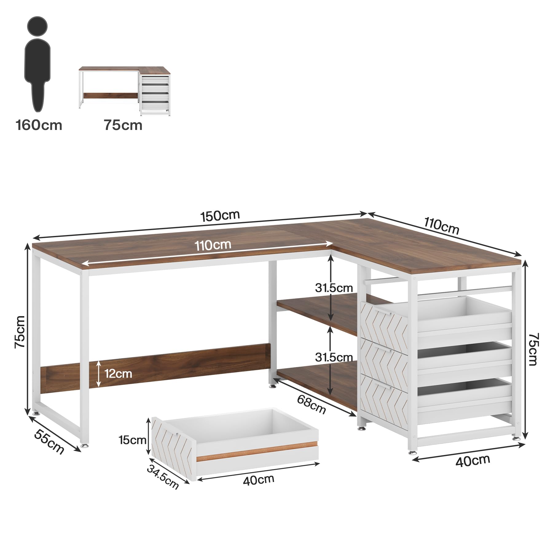 Tribesigns Scrivania con Cassetti, scrivania angolare con ripiani,Scrivania per Computer ad Angolo a forma di L,Tavolo da scrivania con 4 cassetti per ufficio,150 * 110 * 75cm (Noce bianco)