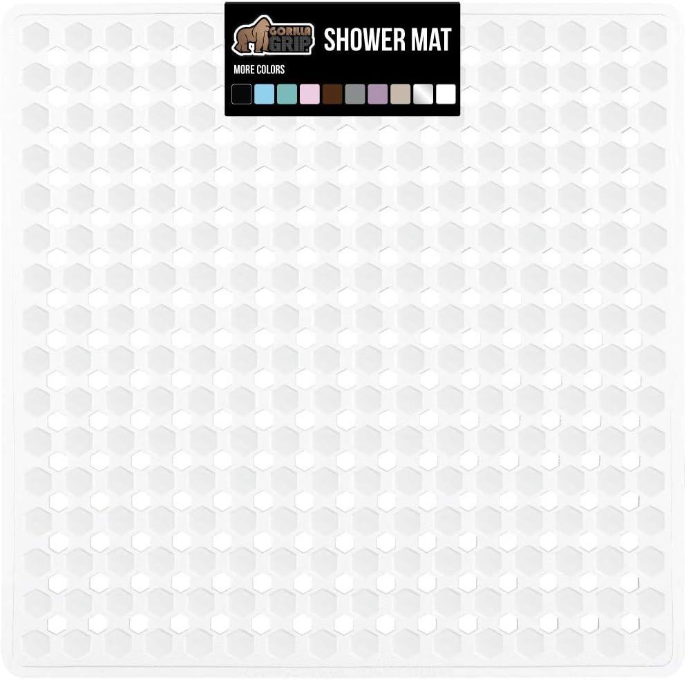 Gorilla Grip Patented Shower Stall Mat, 21x21, Machine Washable, Square Bathroom Bath Tub Mats for Stand up Showers and Small Bathtubs, Drain Holes Keep Floor Clean, Suction Cups, Soft on Feet, Pearl