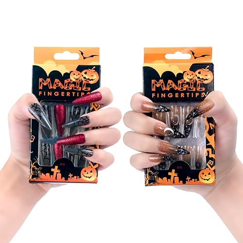 Juego de 48 piezas de pegamento de uñas negro y rojo oscuro, pegamento de uñas largas y medianas  Uñas acrílicas ovaladas de almendra  Uñas postizas