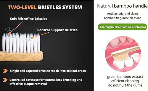 Miniatura 4 de Cepillo de dientes de bambú con cerdas de carbón suave, paquete de 10 cepillos de dientes de madera natural, mango redondo con fondo de pie de