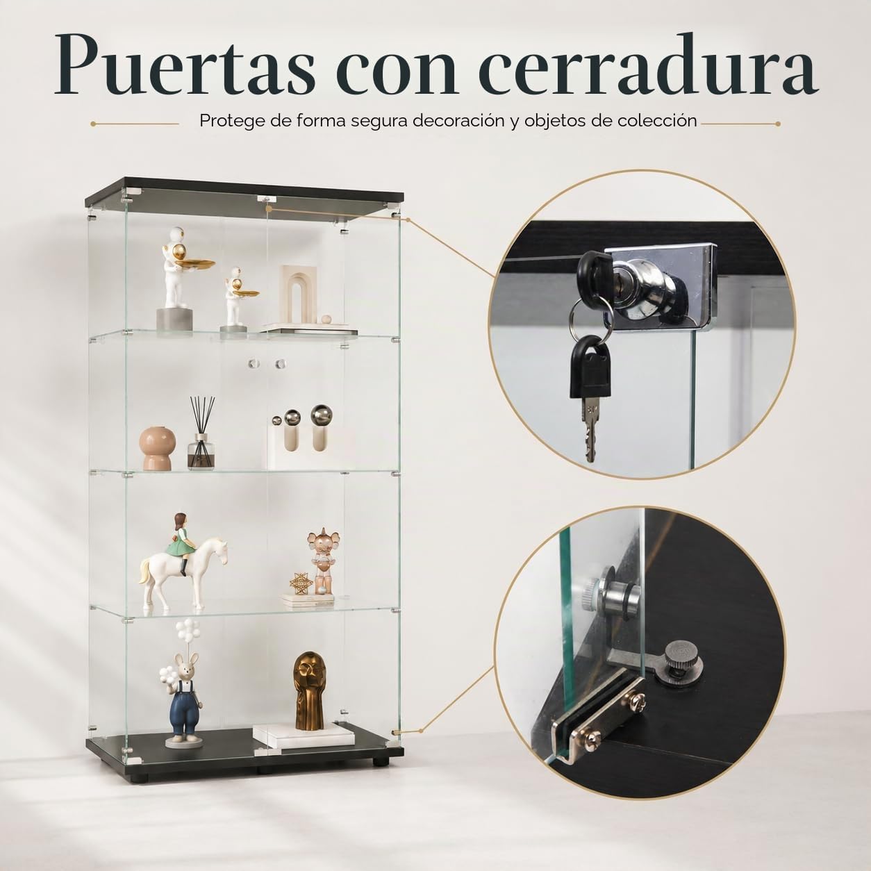 Vitrina de cristal con 4 estantes con puertas dobles, vidrio templado, armario Curio con cerradura, vitrina de colección, estantería de pie para sala de estar o dormitorio (negro sin luz)
