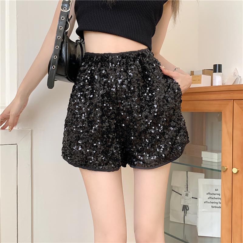 Pailletten Shorts Damen Sexy -Glitzer Shorts Damen Hohe Taille -Glänzend Kurze Hose Hotpants Silber Gold Hosen Kurz Freizeitshort für Nachtclub Karneval Tanz Karneval Rave Party Outfits
