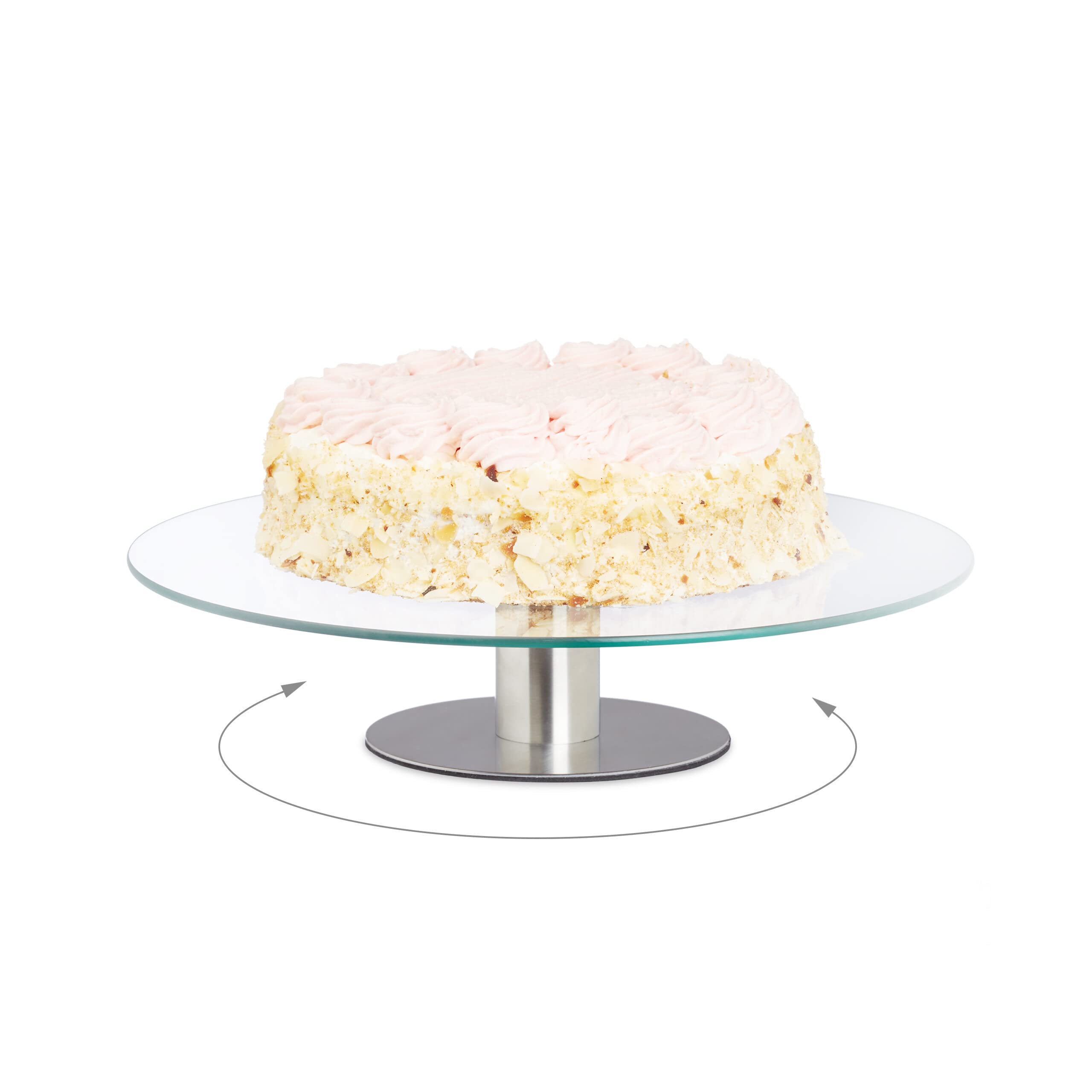 Relaxdays Patera na tort z nóżką, zestaw 2 szt., obrotowa, Ø 30 cm, do serwowania, okrągła patera na ciasto ze szkła, przezroczysta/srebrna