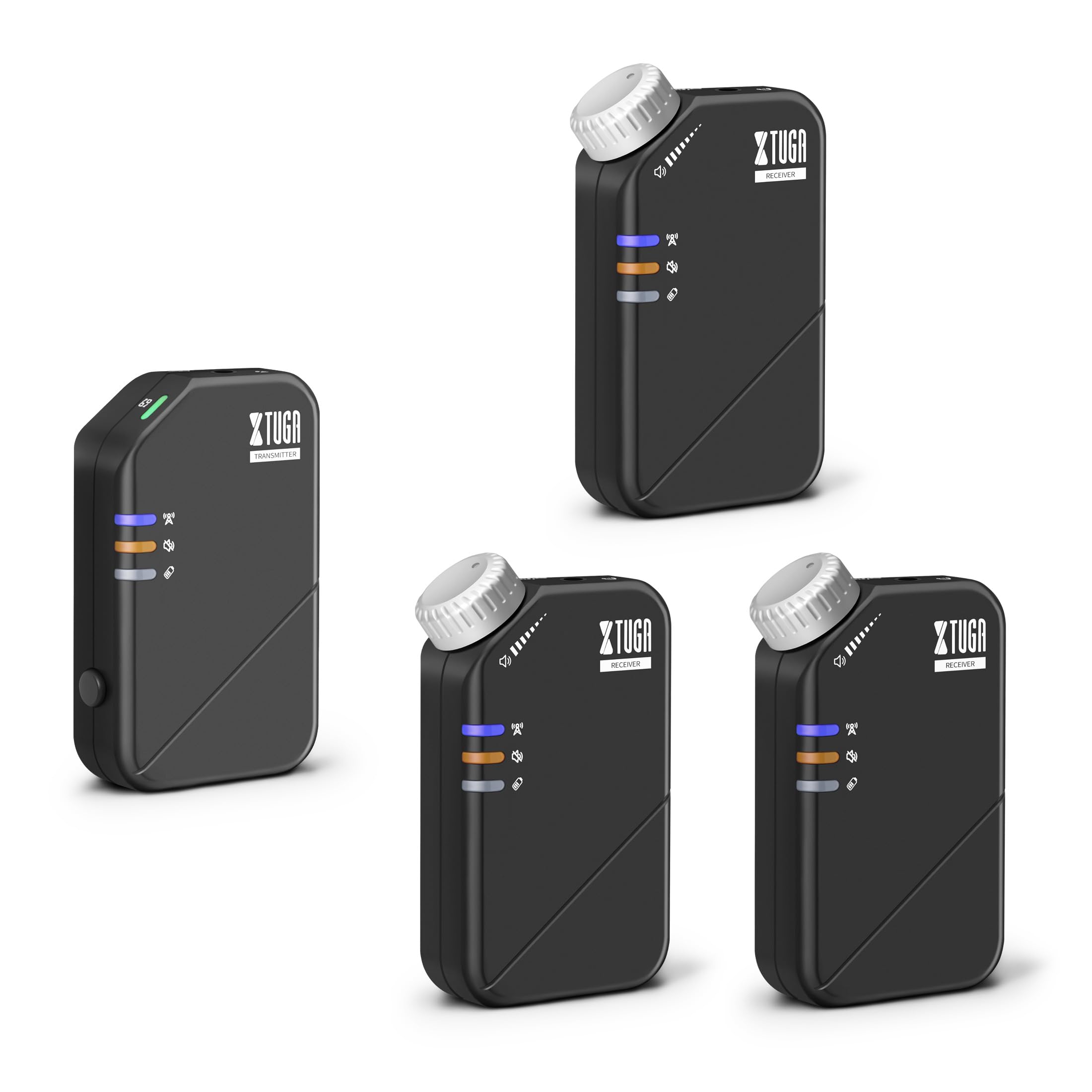 XTUGA Sistema di monitoraggio wireless nell'orecchio, sistema IEM stereo wireless 2.4G, un trasmettitore e tre ricevitori, monitoraggio del palco per cantanti, musicisti, band