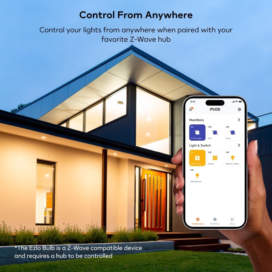 A person using a smartphone to control the Ezlo Z-Wave LED Bulb in a home setting, demonstrating remote control capabilities.
