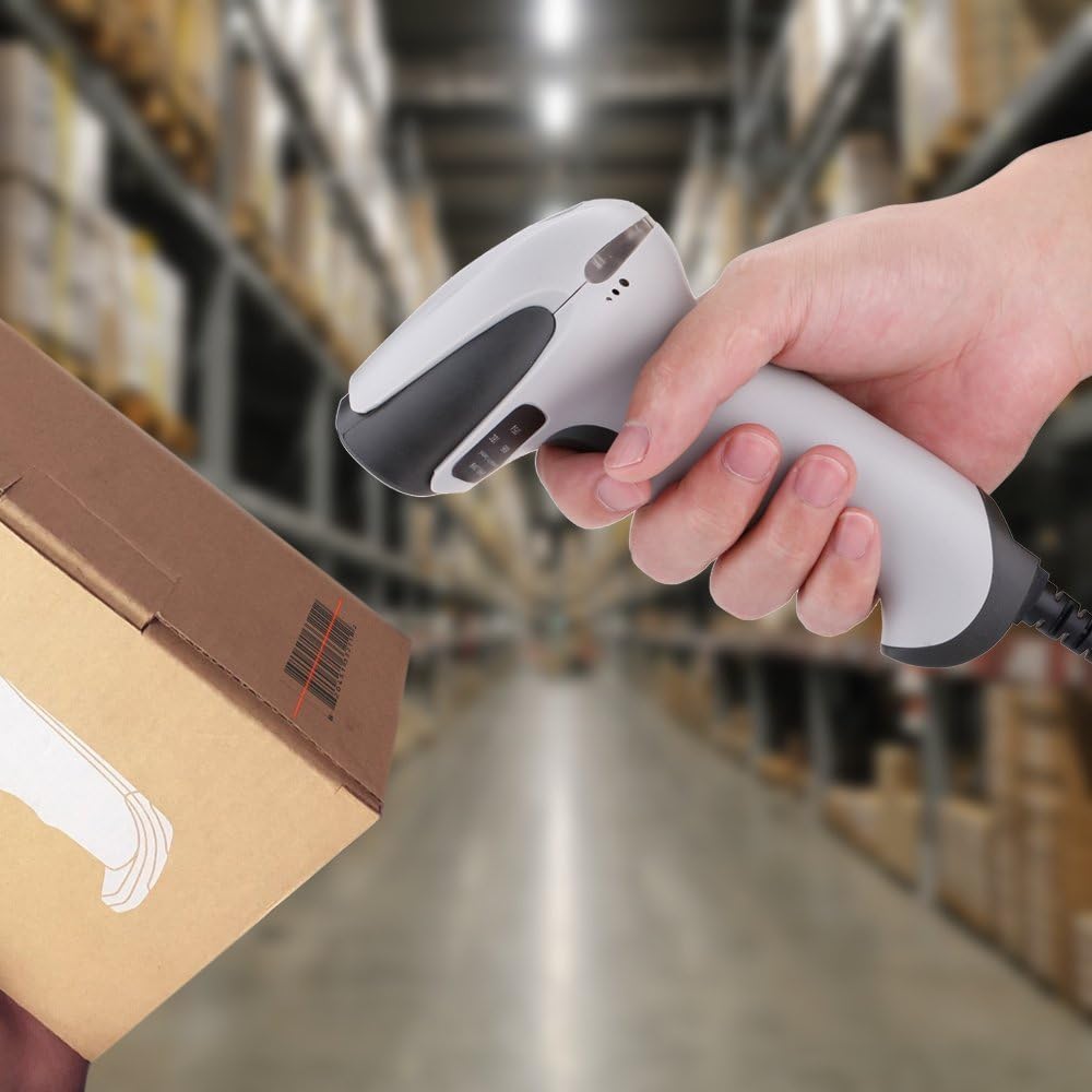 Hand holding BEVA USB Barcode Scanner scanning a box in a warehouse