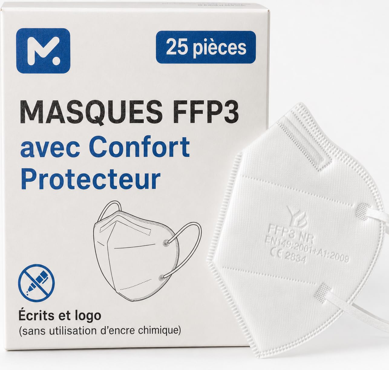 25 Masque FFP3 Certifiés CE, Masque 5 Couches Sans Valve, Masques de Protection Adulte contre les Poussières et les Particules, Masques de Protection Respiratoire Filtrant BFE≥99, 25 Pièces