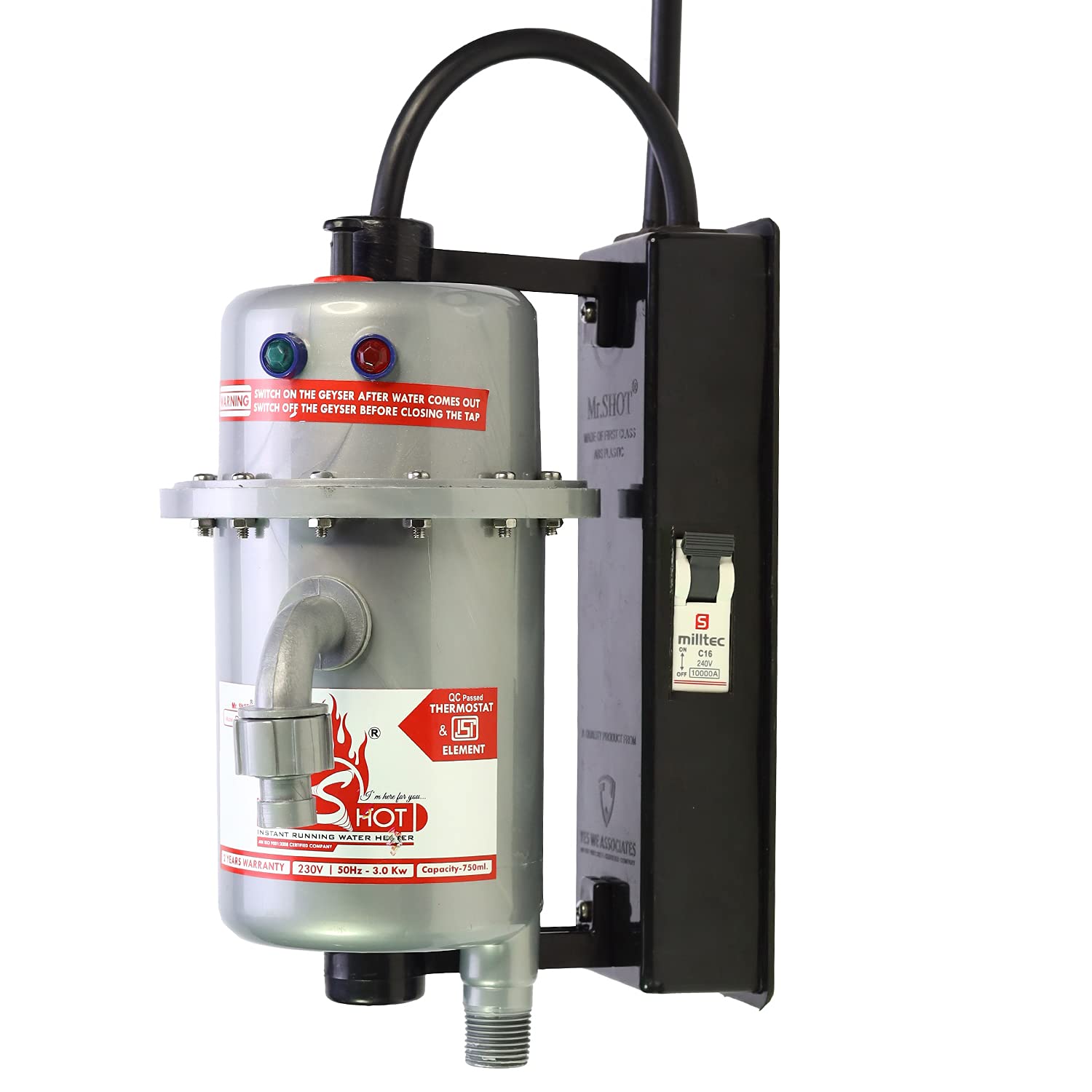 Mr.SHOT MAX (Fitted with MCB) Instant Running Water Heater ABS Plastic, Auto Cut Off and Manual Reset, Inlet and Outlet Thread (METALLIC GREY COLOR)