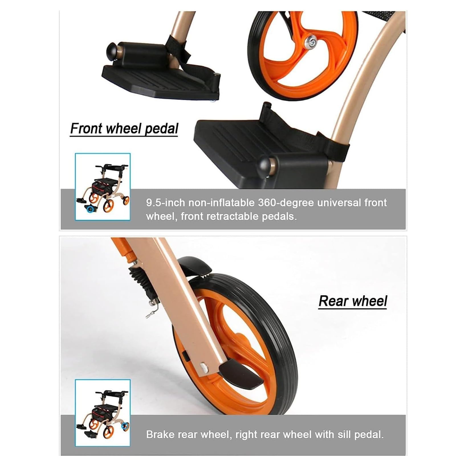 Rollator Walker with Seat Seniors 2-w-1 Rollator Walker Wheelchair Combo Transport Wheelchair Lightweight Foldable 220lb Collapsible 4 Wheel Transport Chair w/Brake Footrest Pouch