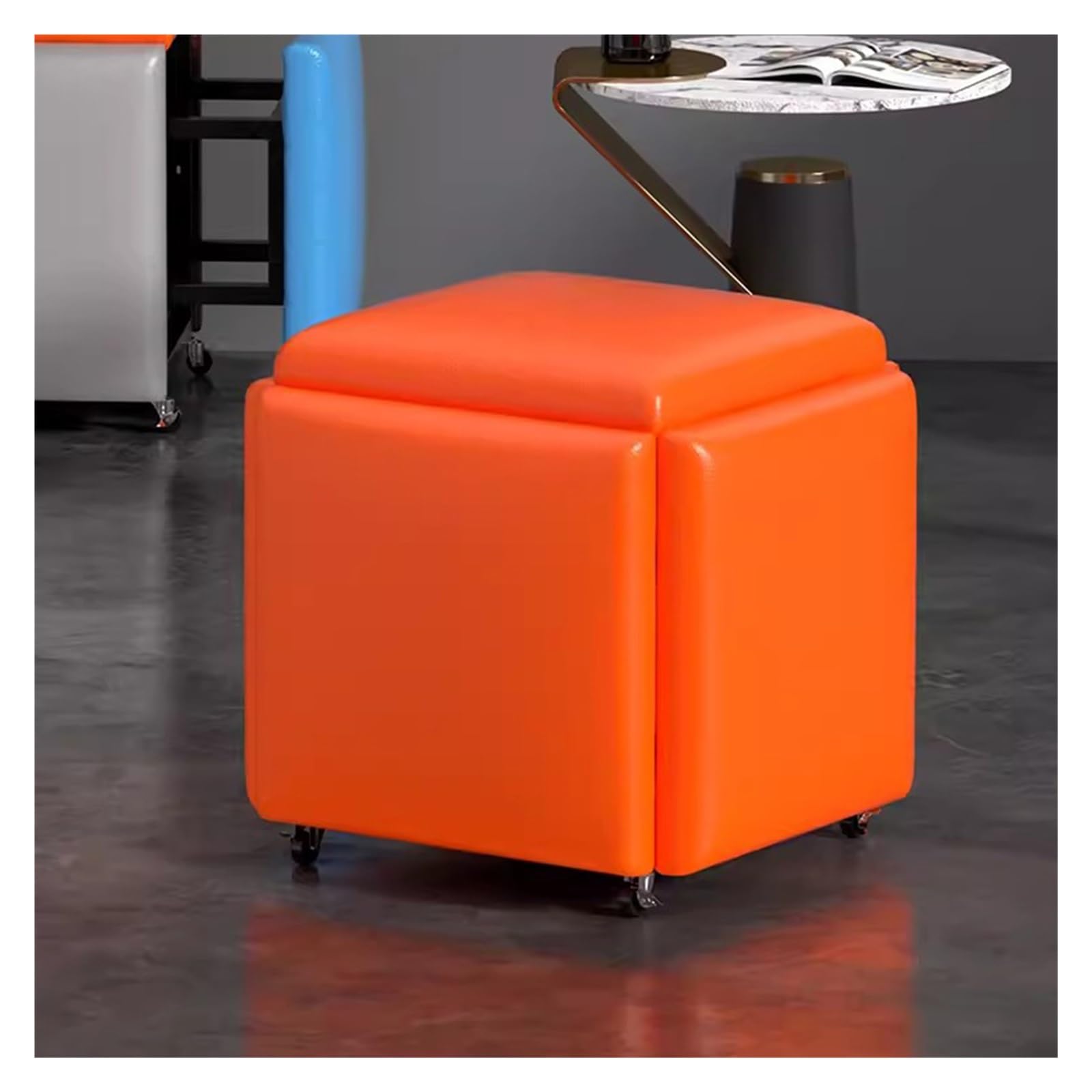 Wdsopk Orange Stool Cubes 5 In 1 Cube Seat With Swivel Casters,Stackable Sofa Chair Stools,Nesting Ottoman Stool,Movable Footstool,Upholstered Ottoman Leather Cube Chair（Orange）