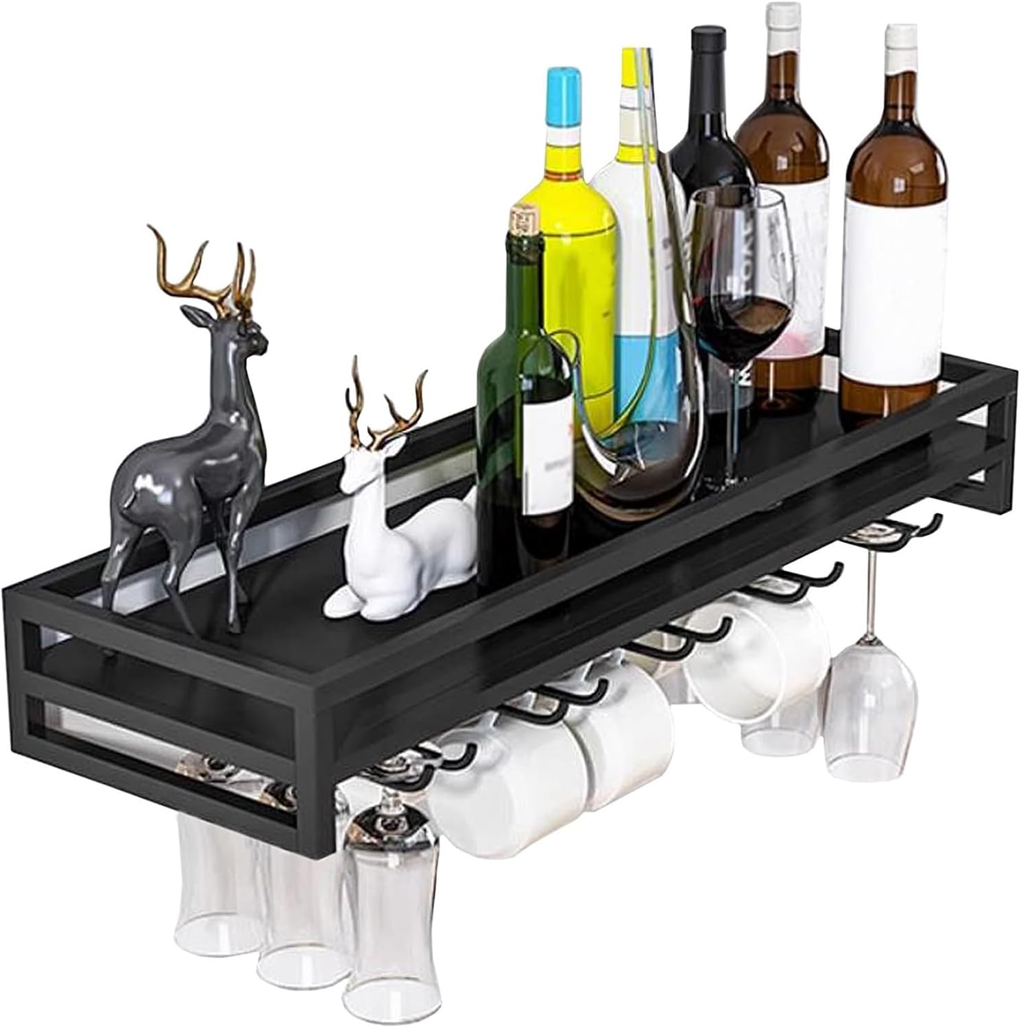 Wall Mounted Wine Rack With Glass Holder,Metal Bottle Holder Floating Shelves,Hanging Wine Rack Goblet Shelf,Multi-Functional Wine Storage Display Rack For Home Bar Restaurant Kitchen ( Color : Black