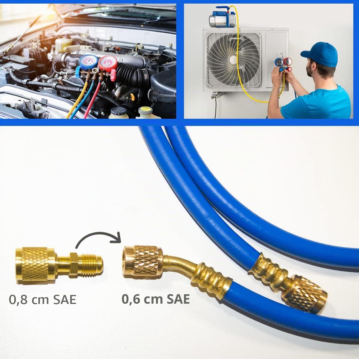 GOLDMAN SERVICE | Set 3 Mangueras Recarga Gas Refrigerante AC + Adaptador. Compatible con sistemas Universales de Aire Acondicionado de Coche o Split. Largo 150 cm, 60 pulgadas