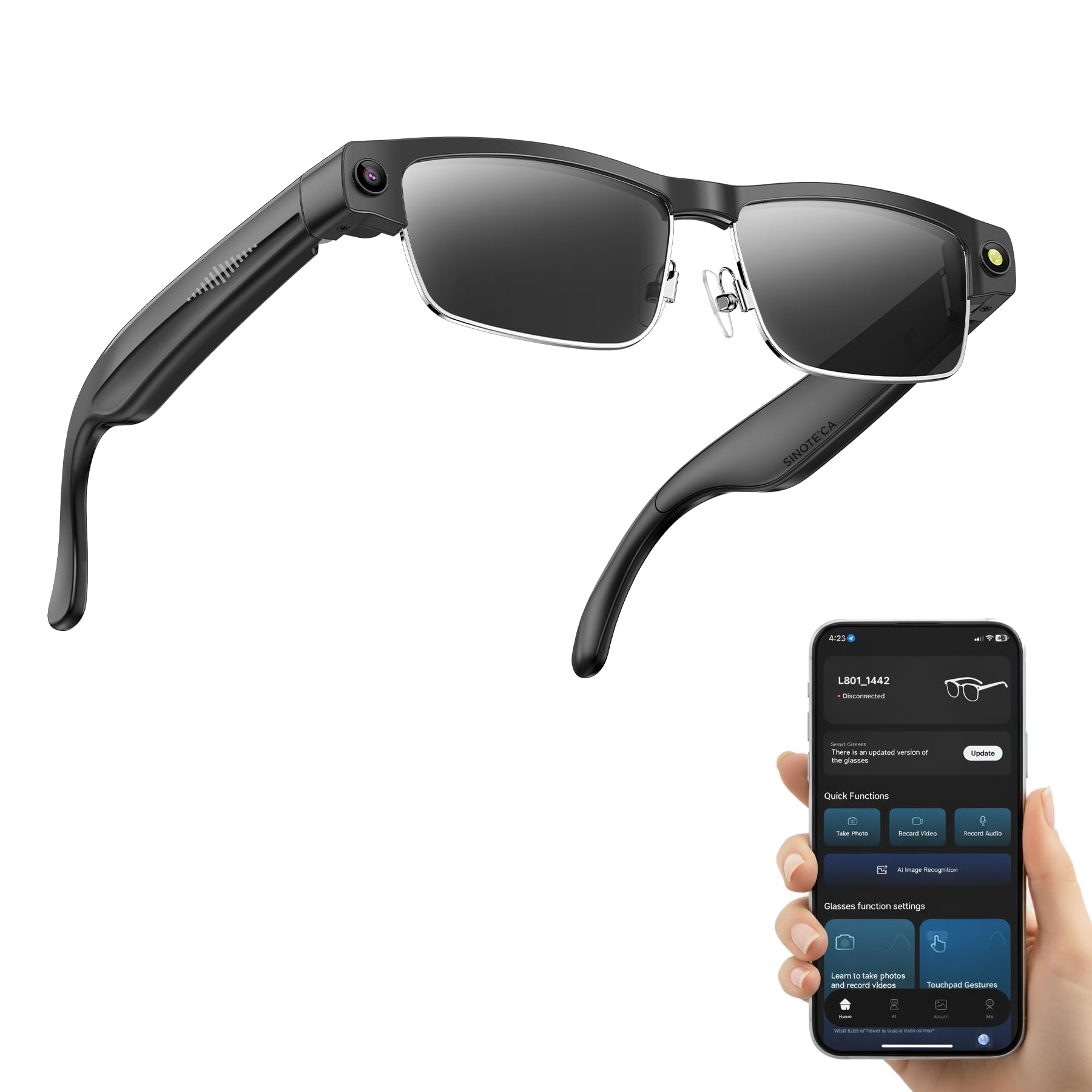 SINOTE'CA AI Smart Glasses con Telecamera 8MP, Occhiali Intelligenti Bluetooth, Occhiali da Sole con Videocamera Integrata, Traduzione in Tempo Reale, Musica Open-Ear, Microfono Dual Noise Reduction