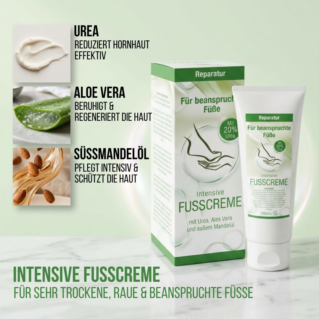 FußKomfort Fußpflegeset 3-teilig – Fußcreme & 20% Urea Creme gegen Hornhaut + Kühlendes Bein- & Fußgel mit Menthol – Intensive Pflege für trockene Füße, rissige Haut & müde Beine – 3x100 ml